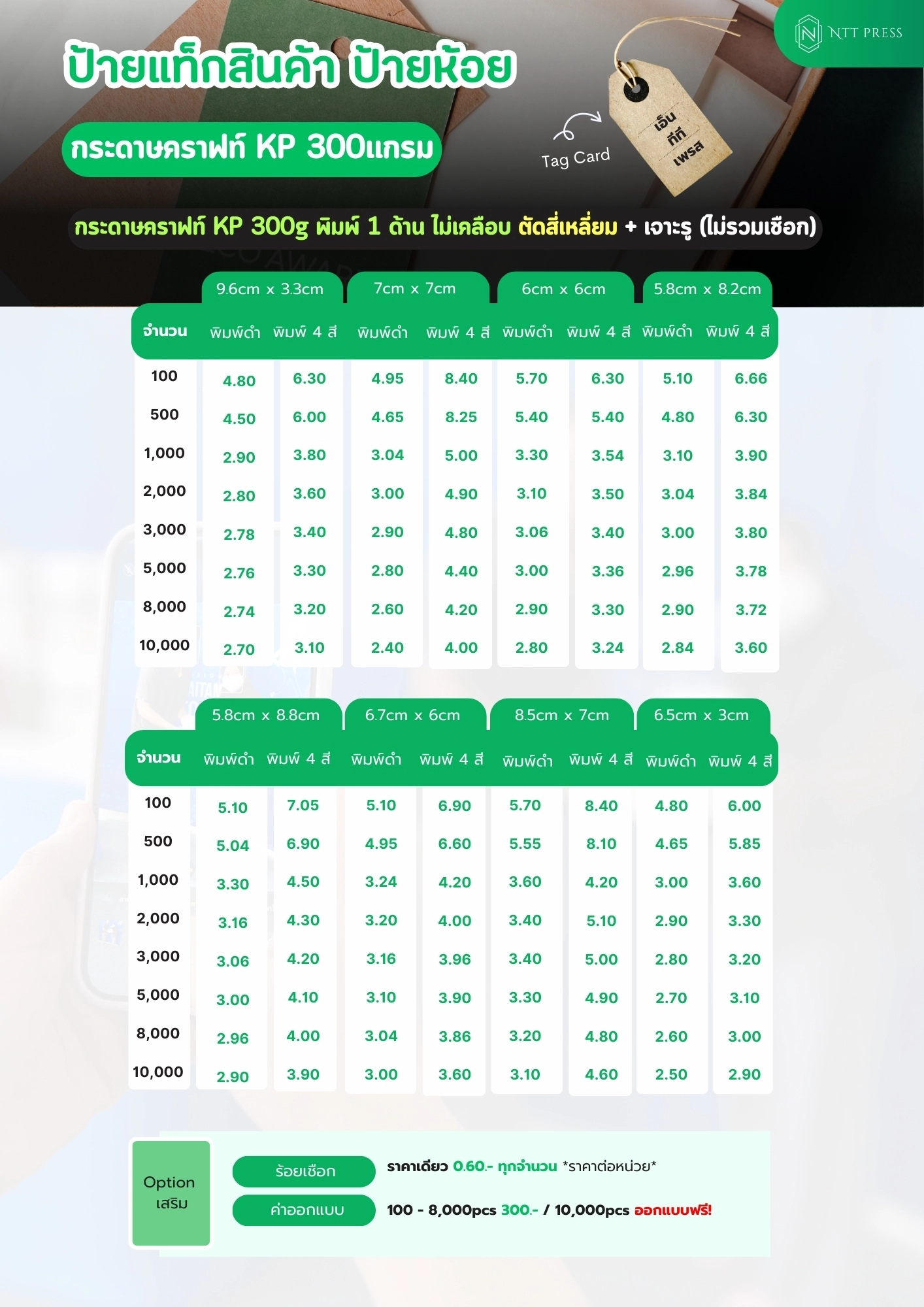 ราคาป้ายแท็ก กระดาษคราฟท์ KP 300gsm เอ็นทีทีเพรส
