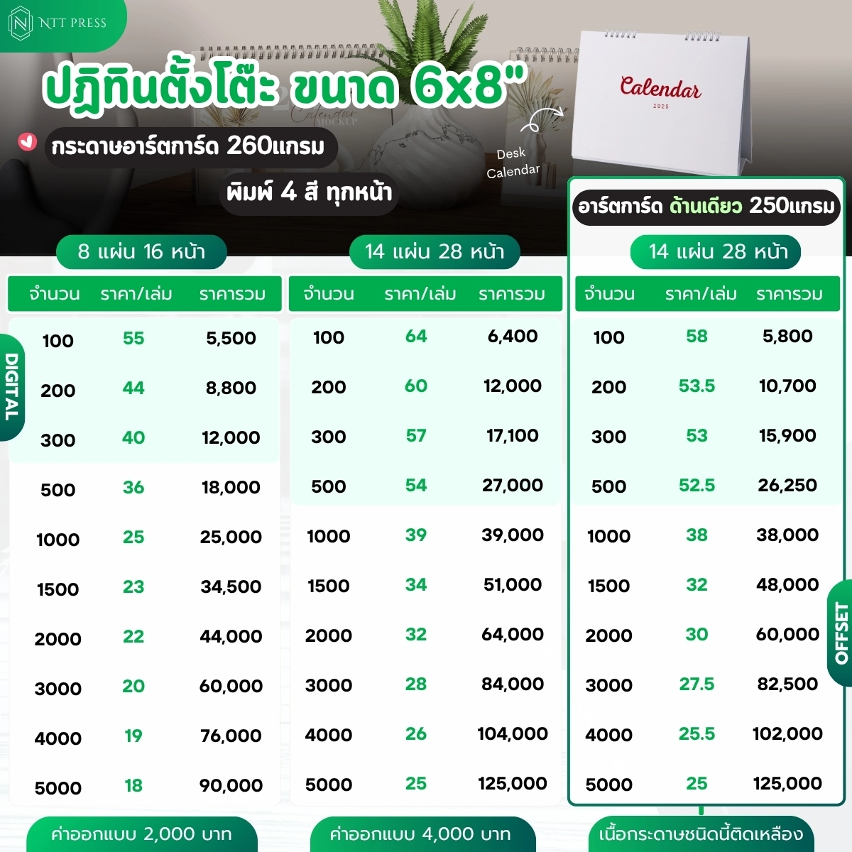 ราคาปฏิทินตั้งโต๊ะ ขนาด 6x8นิ้ว
